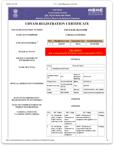 Udyam Registration Certificate (MSME) of Umeera Fasteners