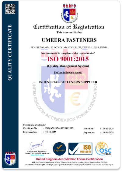 ISO 9001:2005 Quality Management System Certificate of Umeera Fasteners